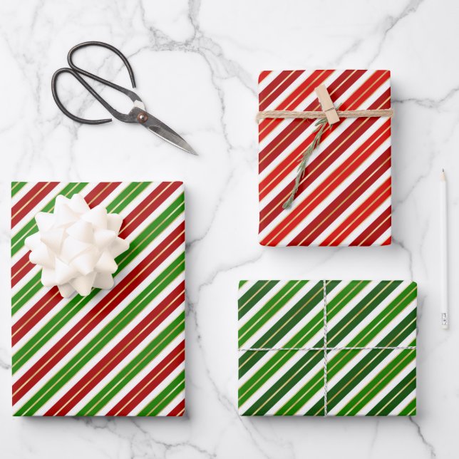 Red, Green and Gold Christmas Stripes Wrapping Paper Sheets (Front)