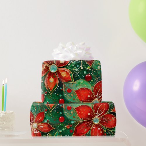 Red green and Gold Glittery Christmas Pattern Wrapping Paper