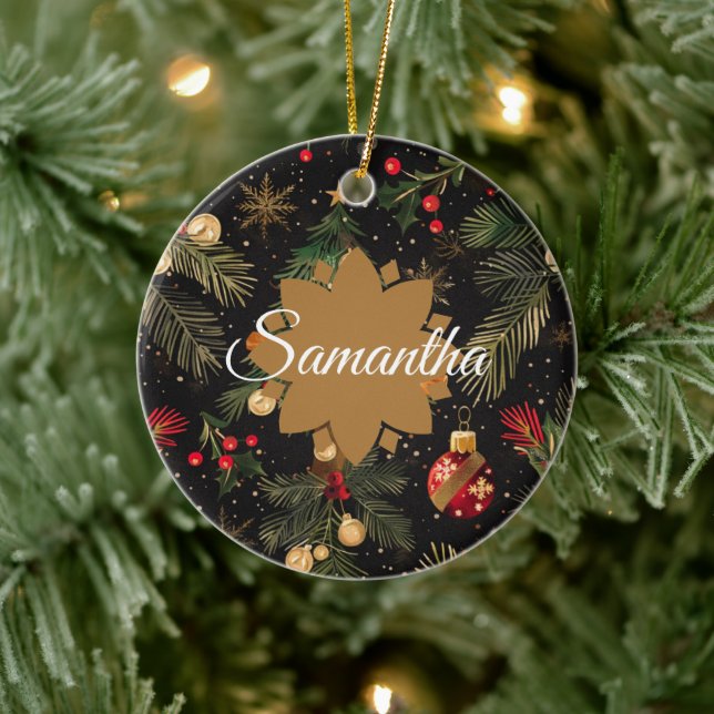 Red, green and gold personalized  ceramic ornament (Tree)