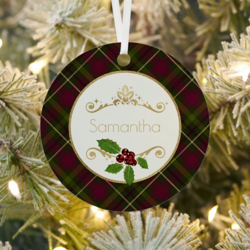 Red Green And Gold Plaid With Name Christmas Metal Ornament