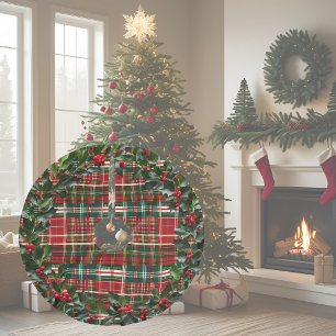 Red Green and Gold Rustic Holiday Plaid Brushed Polyester Tree Skirt