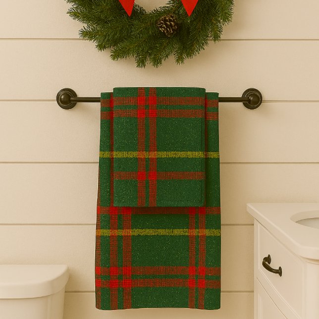 Red Green and Gold Sparkle Christmas Plaid  Bath Towel Set (Classic Christmas tartan with touch of gold sparkle  )
