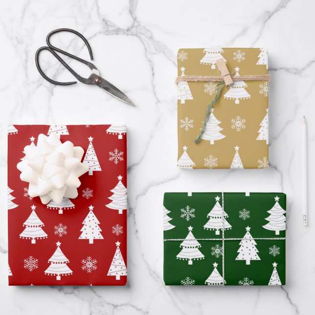 Red, Green and Gold Winter Christmas Tree Pattern Wrapping Paper Sheets (Front)