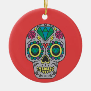 Red Green and Gray Crystal Day of Dead Ceramic Ornament