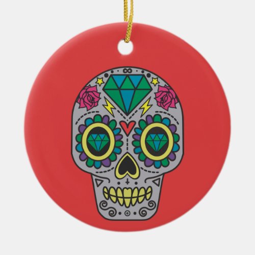 Red Green and Gray Crystal Day of Dead Ceramic Ornament