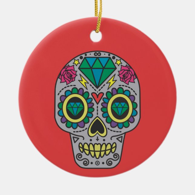 Red Green and Gray Crystal Day of Dead Ceramic Ornament (Front)