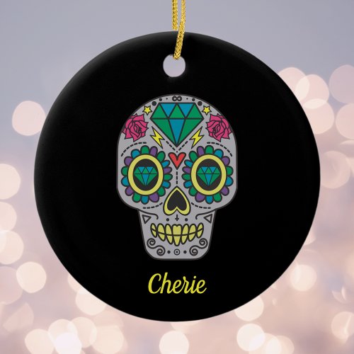Red Green and Gray Crystal Day of Dead on Black Ceramic Ornament
