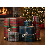 Red, Green, and Grey Tartan Wrapping Paper Flat 