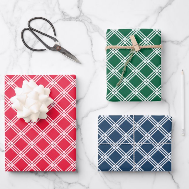Red Green and Navy Modern Plaid Pattern Wrapping Paper Sheets (Front)