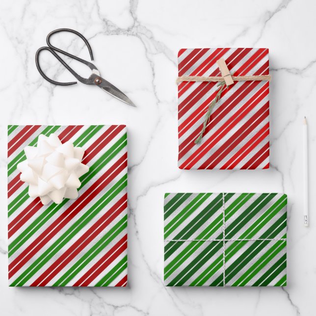 Red, Green and Silver Christmas Stripes Wrapping Paper Sheets (Front)