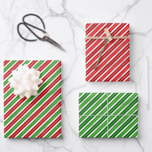 Red Green and Silver Christmas Stripes Wrapping Paper Sheets