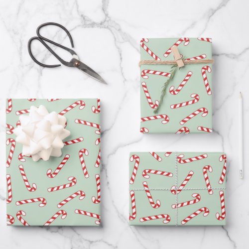 Red Green and White Candy Cane Christmas Pattern  Wrapping Paper Sheets