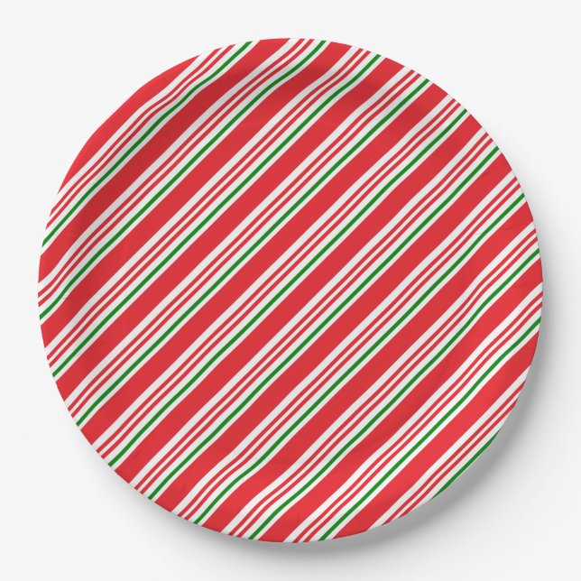 Red Green and White Candy Cane Pattern Custom Paper Plates (Front)