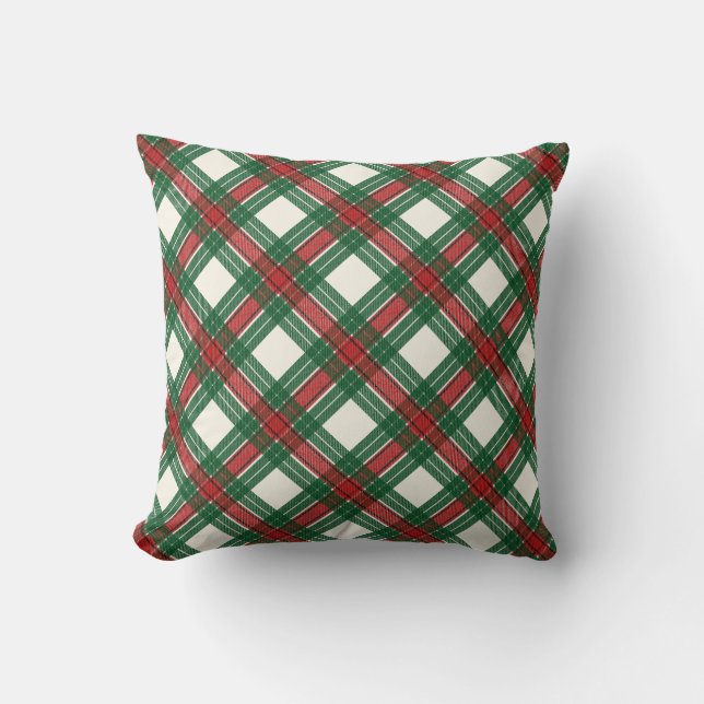 Red Green and White Christmas Tartan Plaid Throw Pillow (Front)