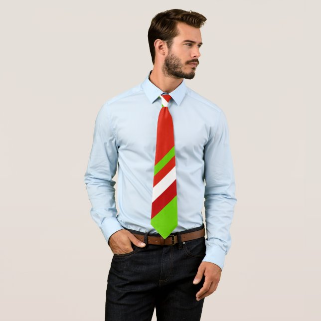 Red Green and White Diagonal Stripes Neck Tie (In Situ)