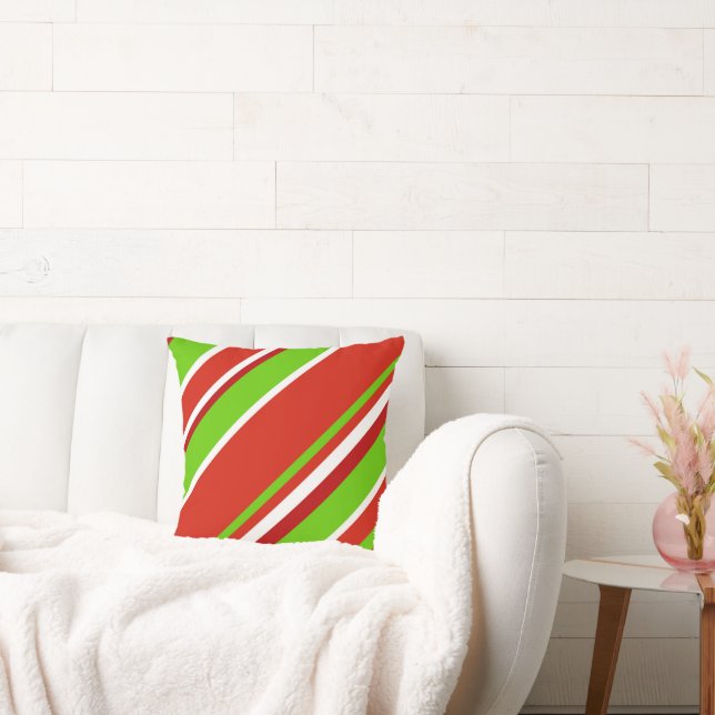 Red Green and White Diagonal Stripes Throw Pillow (Couch)