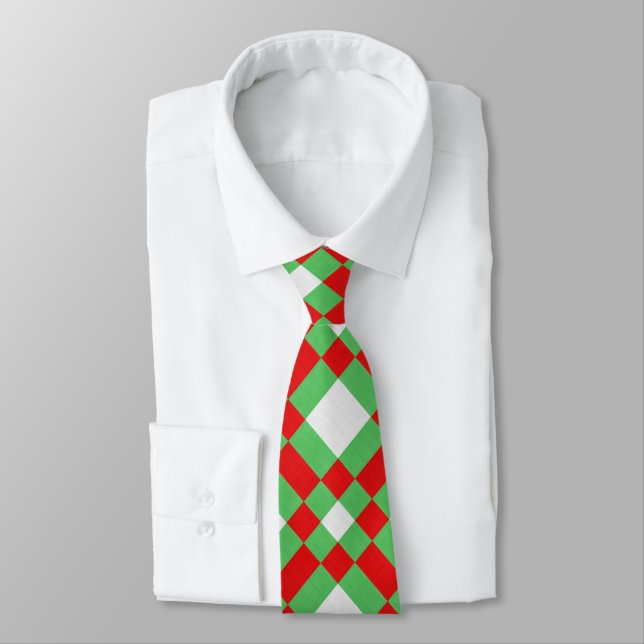 Red Green and White Fabric Geometric Texture  Neck Tie (Tied)