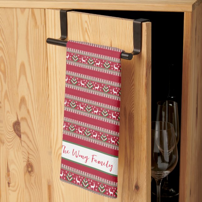 Red Green and White Fair Isle Christmas Kitchen Towel (Thirds Fold)