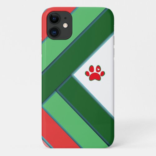 Red green and white geometric dog paw iPhone 11 case