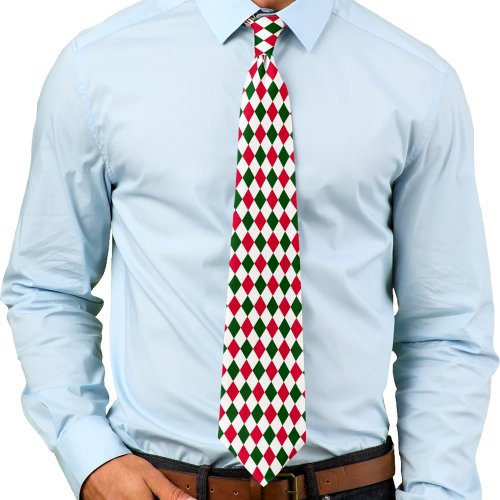 Red Green and White Harlequin Diamond Christmas Neck Tie
