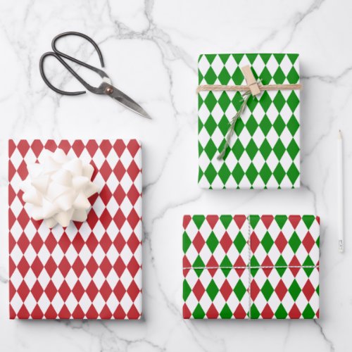 Red Green and White Harlequin Wrapping Paper Sheets