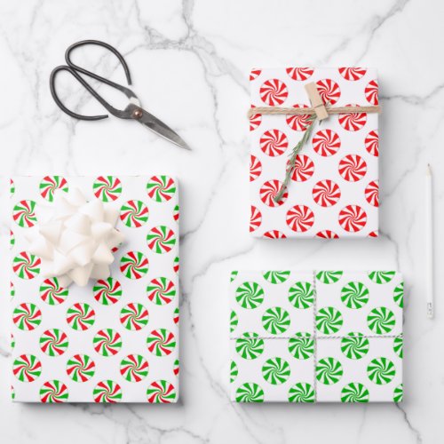 Red Green and White Holiday Peppermint Candy Wrapping Paper Sheets