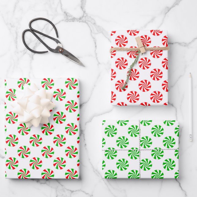 Red Green and White Holiday Peppermint Candy Wrapping Paper Sheets (Front)