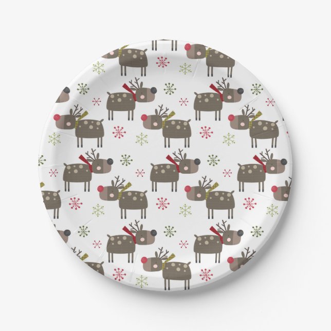 Red, Green, and White Reindeer   Paper Plates (Front)