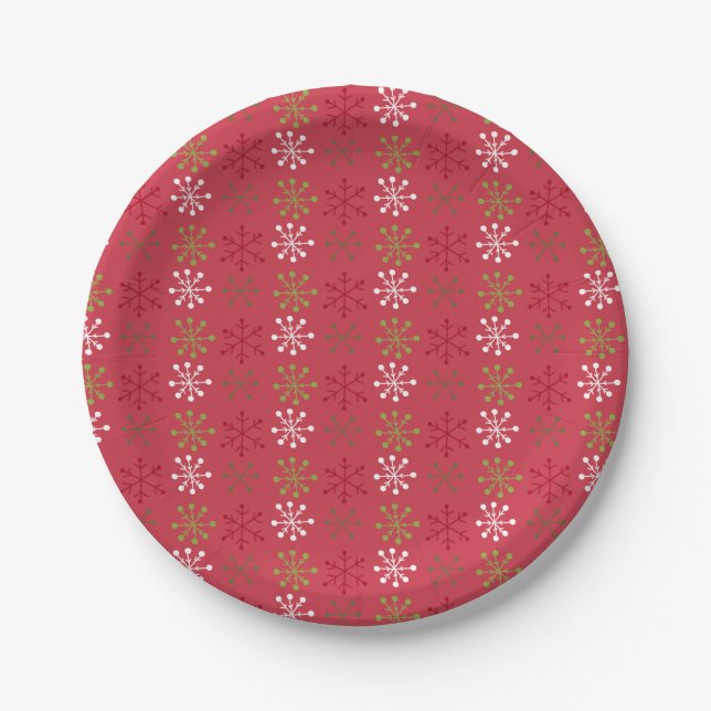 Red, Green, and White Snowflakes  Paper Plates (Front)