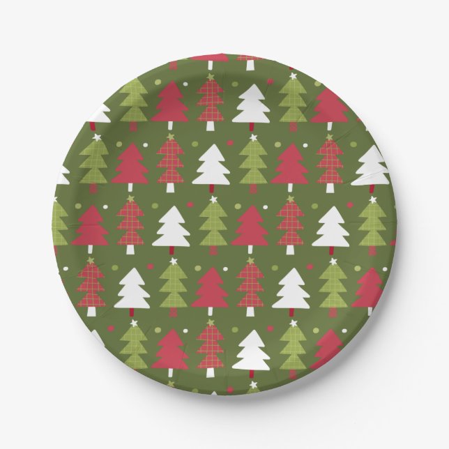 Red, Green, and White Trees  with Green Back  Paper Plates (Front)