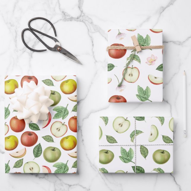 Red Green and Yellow Apples Wrapping Paper Sheets (Front)
