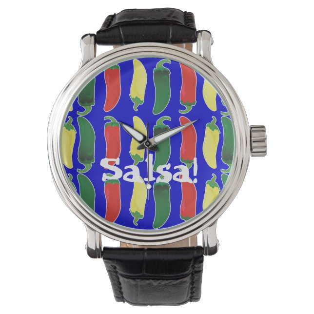 Red Green and Yellow Hot Salsa Chili Peppers Watch (Front)