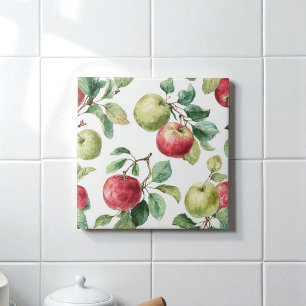 Red Green Apple Fruit Pattern Watercolor Rustic Ceramic Tile