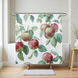 Red Green Apple Fruit Pattern Watercolor Rustic  Shower Curtain