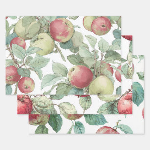 Red Green Apple Fruit Pattern Watercolor Rustic Wrapping Paper Sheets