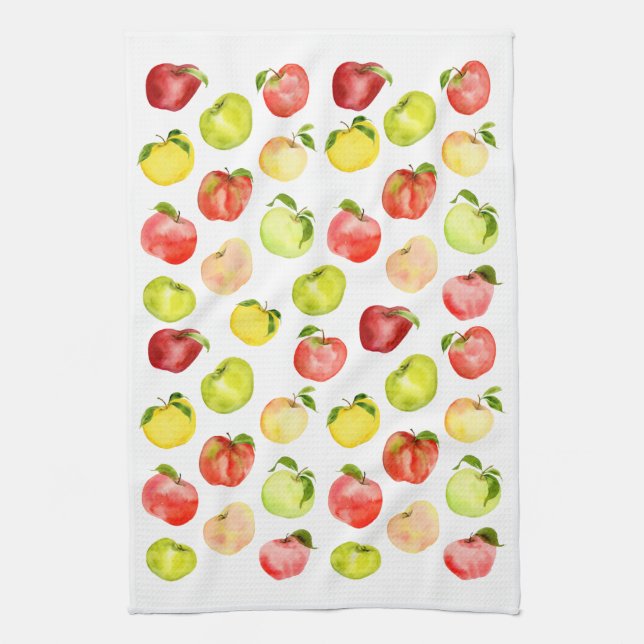 Red green apple illustration watercolor autumn kitchen towel (Vertical)