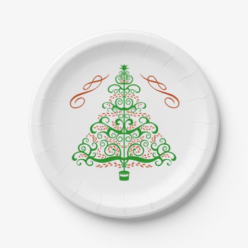 Red Green Art Nouveau Christmas Tree Paper Plates