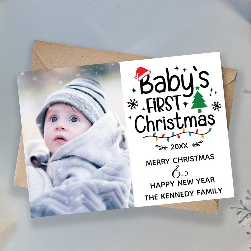 Red  Green Babys First Christmas Photo Holiday Card