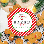 Red Green Baked With Love Christmas  Classic Round Sticker<br><div class="desc">Whether you're gifting cookies, cakes, jams, or any other delectable treats, these labels are the perfect way to showcase your heartfelt effort and spread the holiday cheer. Share the spirit of the season with these labels that are sure to bring smiles and joy to all who receive them. This festive...</div>