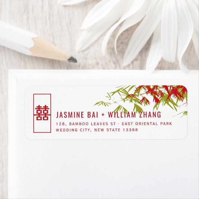 Red & Green Bamboo Leaves Asian Wedding Address Label (Insitu)