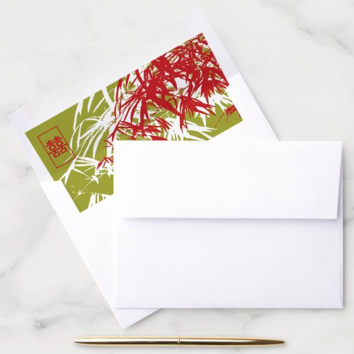 RedGreen Bamboo Leaves Double Happiness Wedding Envelope Liner