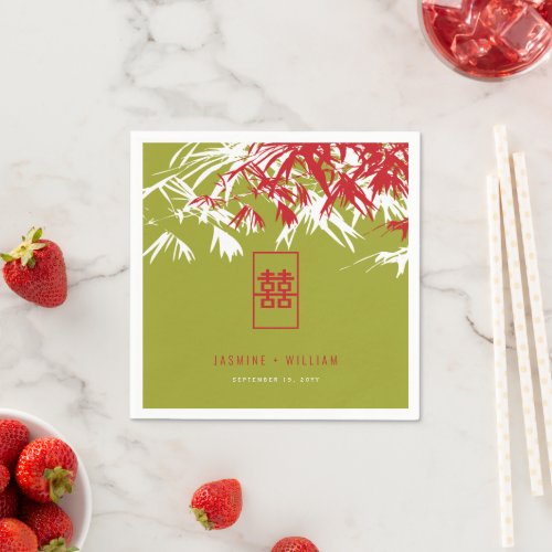 RedGreen Bamboo Leaves Double Xi Chinese Wedding Napkins