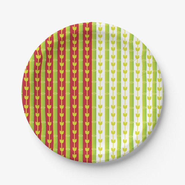 Red Green Bamboo Leaves Pattern Party Paper Plates (Front)