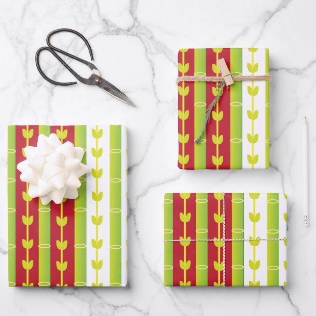Red Green Bamboo Leaves  Wrapping Paper Sheets (Front)