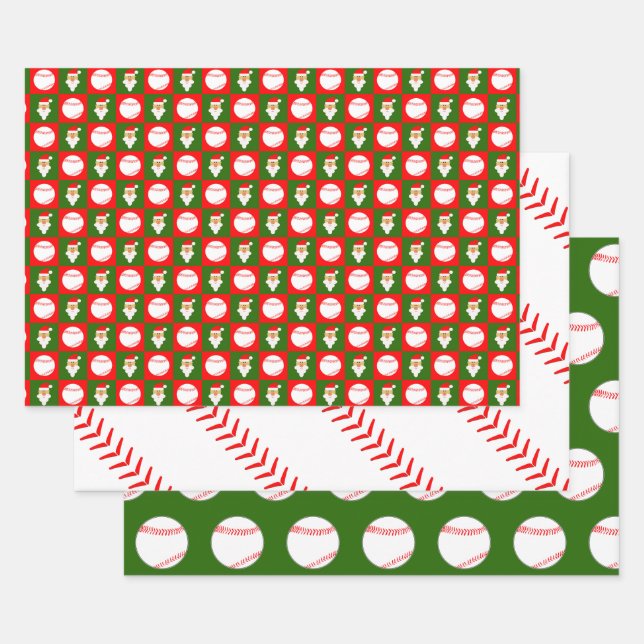Red & Green Baseball & Santa Matching Christmas Wrapping Paper Sheets (Set)