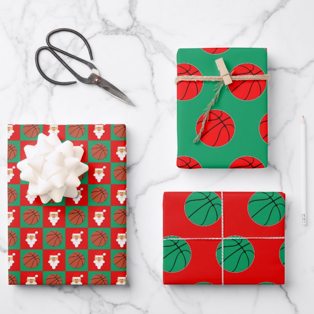 Red & Green Basketball & Santa Matching Christmas  Wrapping Paper Sheets (Front)