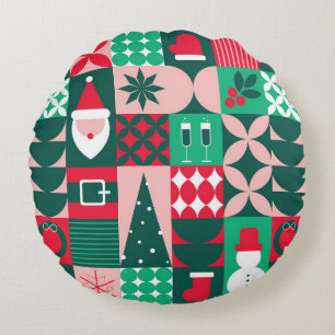 Red Green Bauhaus Christmas Festive Holidays Round Pillow
