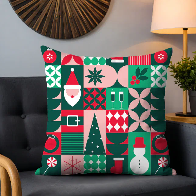 Red Green Bauhaus Christmas Festive Holidays Throw Pillow
