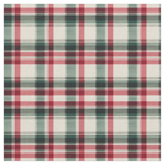 Red, Green & Beige Plaid Fabric (Close Up)