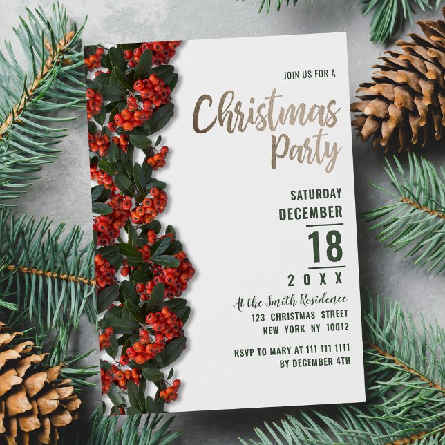 Red green berries leaves winter Christmas Party Invitation Postcard (Red green berries leaves winter Christmas Party)